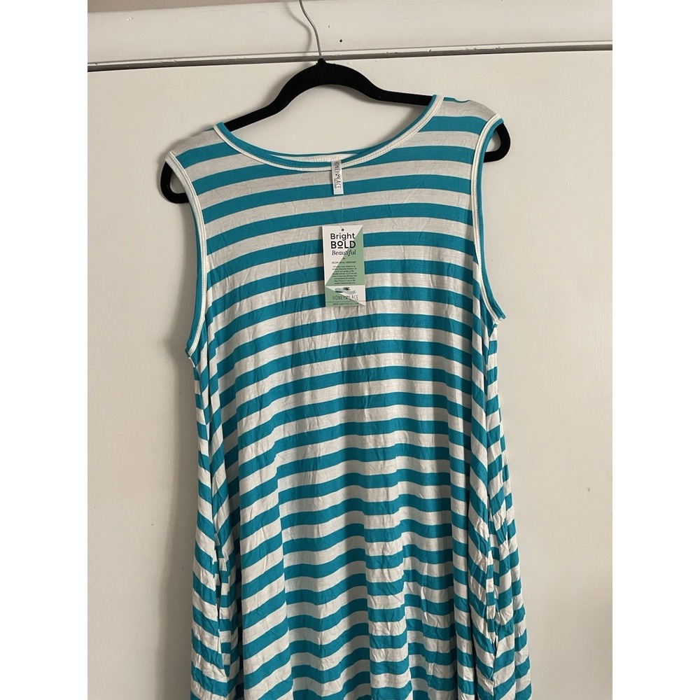 Honey & Lace Sunnyvale Teal White Striped Sleeveless Swing Dress‎ S NWT